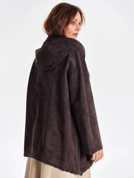 Замшевый женский плащ оверсайз на молнии с капюшоном премиум класса 3053з, коричневый, размер 48, артикул 23470-4