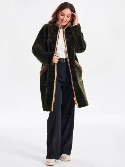 Удлиненная двусторонняя куртка из натуральной овчины с мехом норки премиум класса 2018, хаки, размер 50, артикул 24220-1