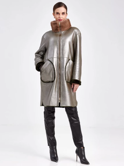 Женская двусторонняя дубленка из астрагана с мехом норки премиум класса 2018, хаки, размер 50, артикул 62771-6