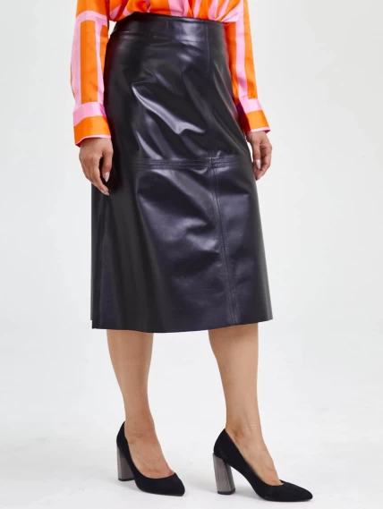 Кожаная юбка миди 09, черная, размер 46, артикул 85560-1