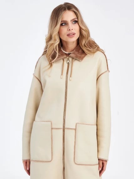 Женское полупальто с капюшоном из натуральной овчины премиум класса 2037, бежевое, размер 54, артикул 63860-2