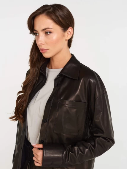 Кожаная женская рубашка с поясом из натуральной кожи 01_2, черная, размер 46, артикул 90532-2
