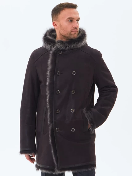 Двубортная мужская дубленка из тосканы с капюшоном премиум класса 415, коричневая, размер 56, артикул 71600-0