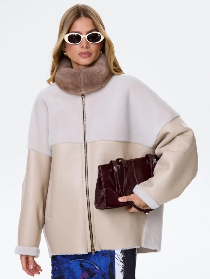 Женское полупальто из натуральной овчины с норковым воротником премиум класса 2034, бежевое, размер 52, артикул 64400-0