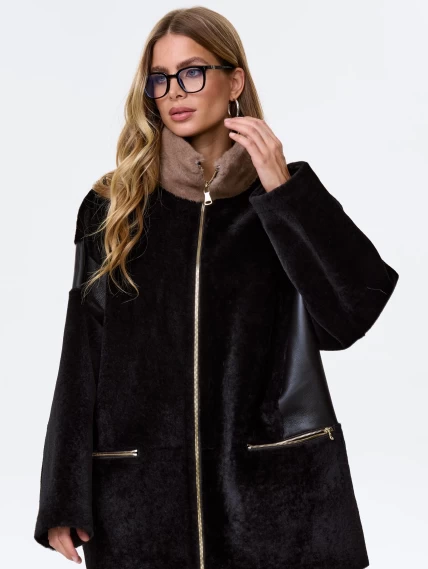 Женское полупальто с норковым воротником из натуральной овчины премиум класса 2057, черное, размер 52, артикул 64330-0