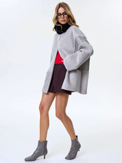 Женское полупальто с норковым воротником из натуральной овчины премиум класса 2057, серое, размер 44, артикул 64500-4