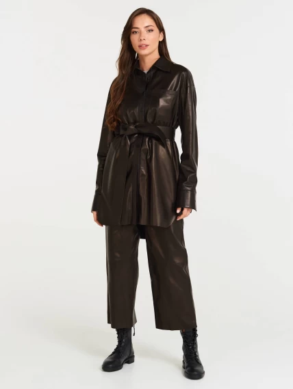 Кожаная женская рубашка с поясом из натуральной кожи 01_2, черная, размер 46, артикул 90532-3