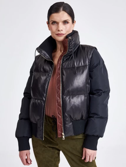 Комбинированная стеганая женская кожаная куртка бомбер 3029, черная, размер 46, артикул 23370-0
