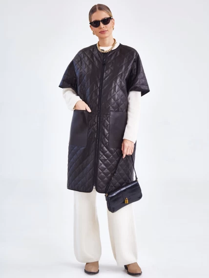 Кожаный женский стеганый жилет премиум класса 07, черный, размер 44, артикул 91971-4