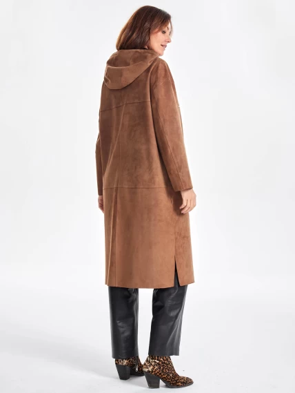 Замшевое женское пальто оверсайз с капюшоном на молнии премиум класса 3058з, светло-коричневое, размер 52, артикул 25700-6