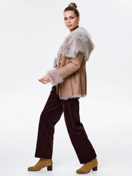 Короткая женская дубленка из тосканы с капюшоном 122, бежевая, размер 40, артикул 61451-2