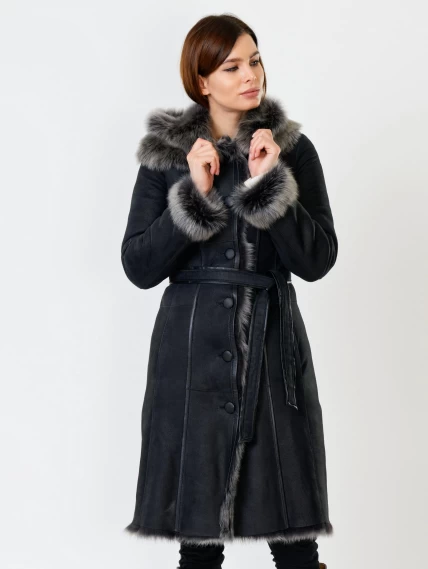 Длинная женская дубленка из тосканы с капюшоном 123нк, черная, размер 52, артикул 61871-2