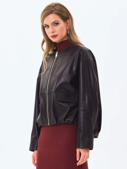 Кожаная куртка бомбер премиум класса для женщин 3094, черная, размер 46, артикул 24350-3
