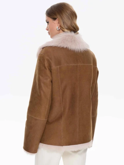 Короткая женская дубленка из тосканы 2068, бежевая, размер 46, артикул 64730-5