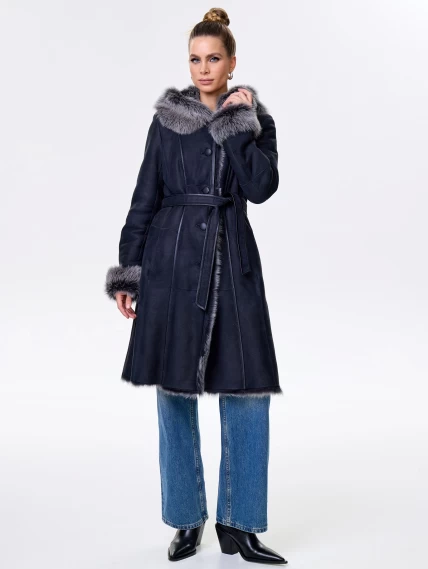 Длинная женская дубленка из тосканы с капюшоном 123нк, черная, размер 52, артикул 61893-4