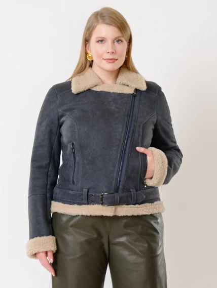 Короткая женская дубленка косуха из керли 201, синяя, размер 44, артикул 61990-1