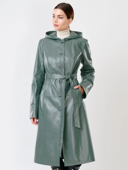 Кожаный женский утепленный плащ с капюшоном 380нш, размер 50, оливковый, артикул 91391-2