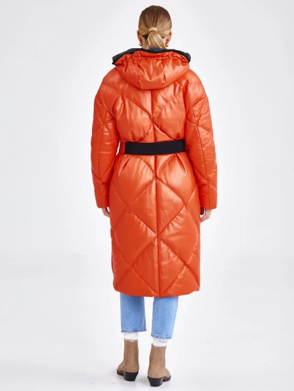 Длинный женский кожаный пуховик с капюшоном премиум класса 3026, оранжевый, размер 50, артикул 25350-6