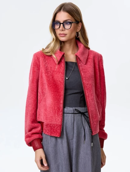 Короткая женская дубленка бомбер из астрагана 56мех, розовая, размер 46, артикул 64230-5