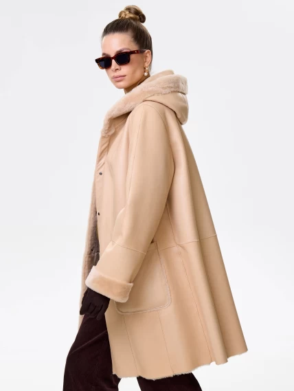 Женская классическая дубленка с капюшоном премиум класса 2004, бежевая, размер 54, артикул 62840-3