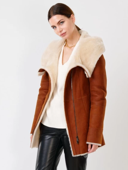 Короткая женская дубленка косуха с капюшоном 200, табачно-рыжая, размер 44, артикул 61701-1