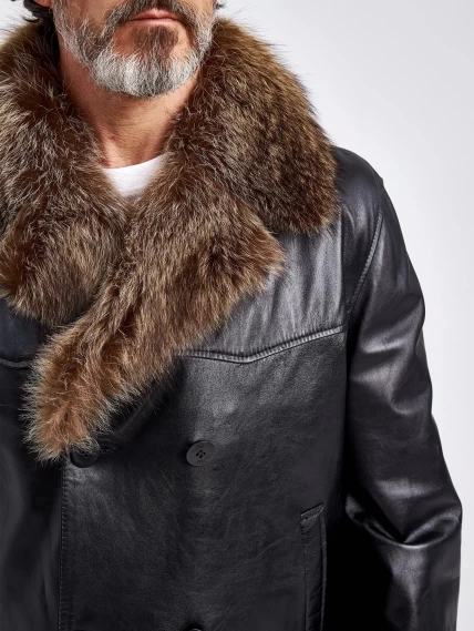 Зимняя двубортная мужская кожаная куртка с воротником меха енота Mafia/New, черная, размер 54, артикул 40810-4