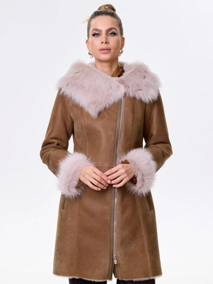 Женская дубленка косуха с капюшоном из тосканы 283, бежевая, размер 48, артикул 61832-0