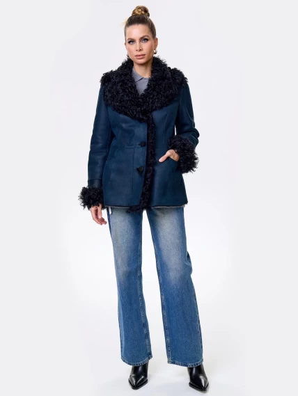 Короткая женская дубленка с овчиной тиградо 289, синяя, размер 42, артикул 61951-7