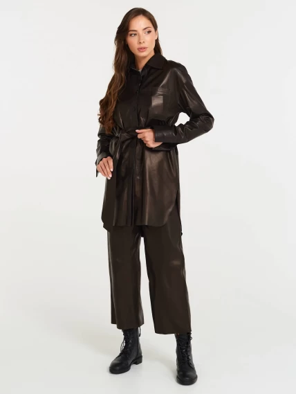 Кожаная женская рубашка с поясом из натуральной кожи 01_2, черная, размер 46, артикул 90532-4