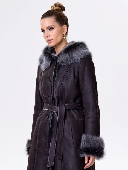 Длинная женская дубленка из тосканы с капюшоном 123нк, коричневая, размер 56, артикул 61483-5