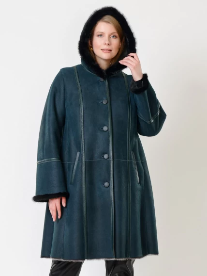 Женская дубленка с капюшоном и отделкой из меха норки 225у, синяя, размер 58, артикул 14860-6