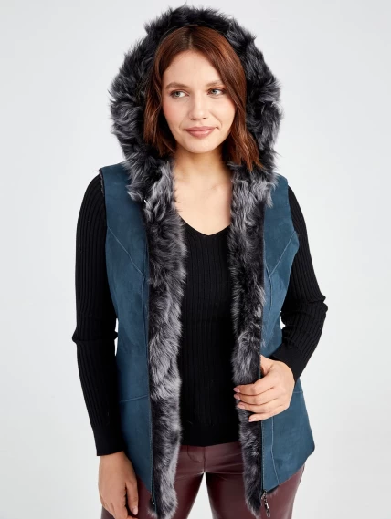 Демисезонный комплект женский: Меховой жилет 03(К) + Брюки 02, синий/бордовый, р. 48, арт. 111224-2