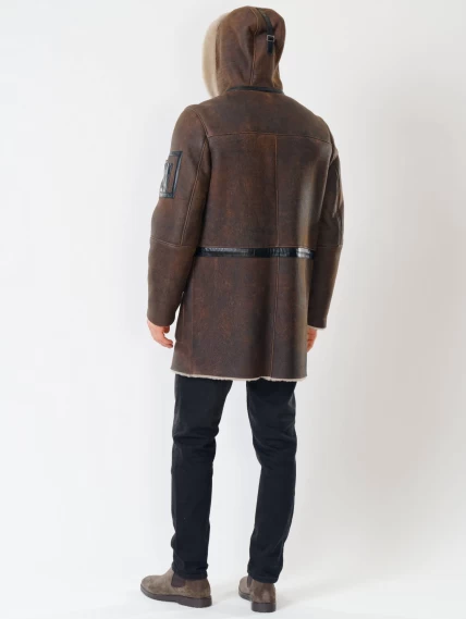Длинная мужская дубленка с капюшоном премиум класса 429, коричневая, размер 48, артикул 70560-4