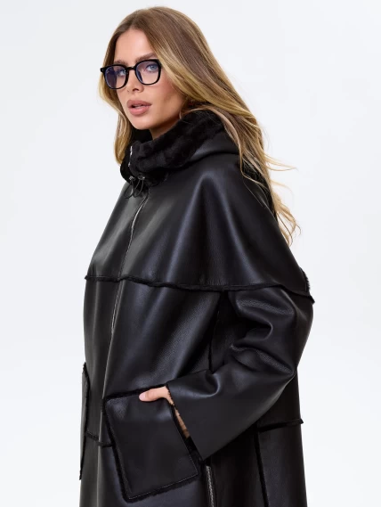 Женское полупальто с капюшоном из натуральной овчины премиум класса 2052, черное, размер 52, артикул 64290-6