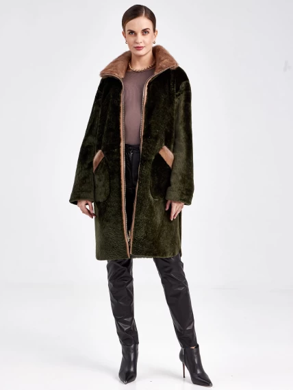 Двусторонняя женская шуба из астрагана с мехом норки премиум класса 2018, хаки, размер 50, артикул 62781-3