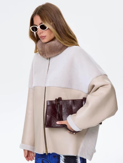 Женское полупальто из натуральной овчины с норковым воротником премиум класса 2034, бежевое, размер 52, артикул 64400-7