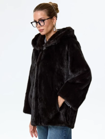 Норковая женская шуба автоледи с капюшоном Яна(к), черная, размер 48, артикул 34150-3