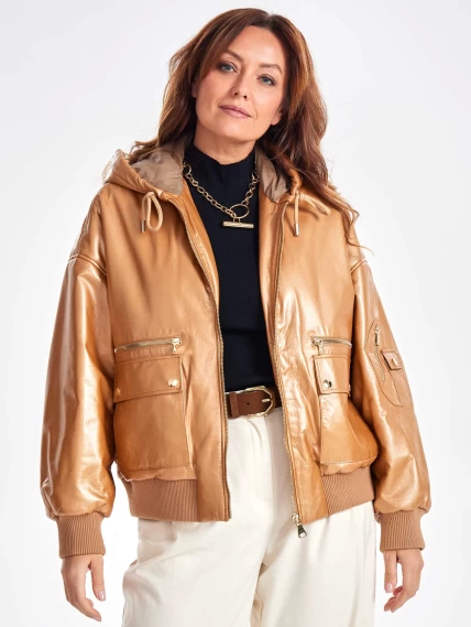 Женская утепленная куртка бомбер с капюшоном премиум класса 3075, бежевая, размер 46, артикул 25550-3