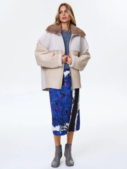 Женское полупальто из натуральной овчины с норковым воротником премиум класса 2034, бежевое, размер 52, артикул 64400-1