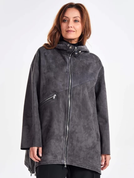 Замшевый женский плащ оверсайз на молнии с капюшоном премиум класса 3053з, темно-серый, размер 48, артикул 23480-5
