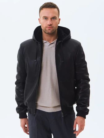 Короткая мужская кожаная дубленка бомбер с капюшоном премиум класса 561мех-1