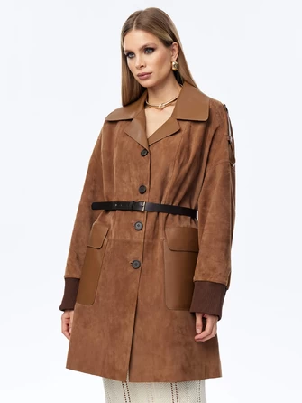 Замшевый короткий женский плащ оверсайз с поясом премиум класса 3063з-0