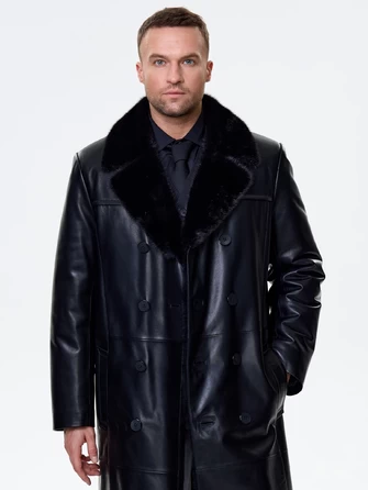 Мужской зимний кожаный плащ с норковым воротником премиум класса 563мех-1
