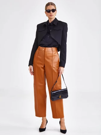 Коричневые модные женские кожаные брюки 08-0