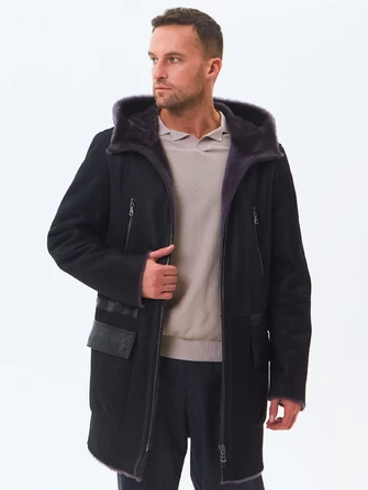 Длинная мужская дубленка с капюшоном премиум класса 429-1