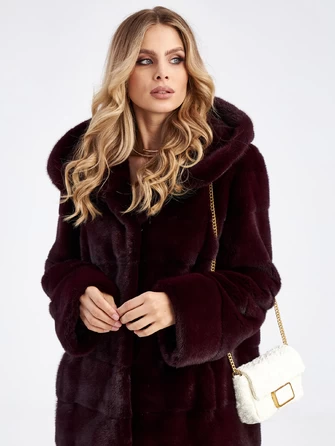 Длинная поперечная шуба из меха норки с капюшоном для женщин 2а(к)-1