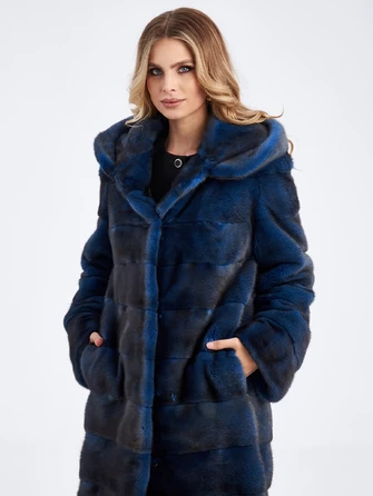 Длинная поперечная шуба из меха норки с капюшоном для женщин 2а(к)-1