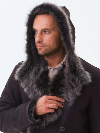 Двубортная мужская дубленка из тосканы с капюшоном премиум класса 415-1