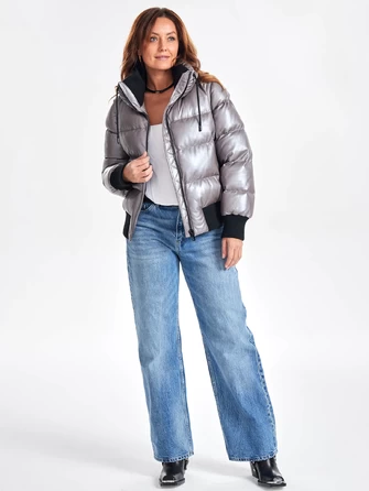 Женский стеганый кожаный пуховик бомбер премиум класса 3074-1