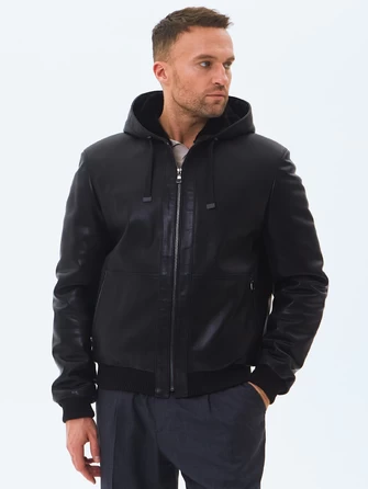 Короткая мужская кожаная дубленка бомбер с капюшоном премиум класса 561мех-0